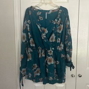Free People Turquoise Floral Blouse - L